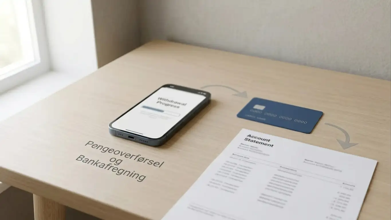 Mobiltelefon med neutral udbetalingsoversigt ved siden af bankkort og kontoudtog